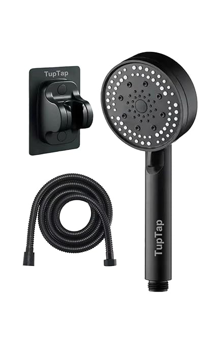 TupTap 9 inch ABS round Handheld Shower Head for Bathroom 5 Different Spray Modes High Pressure Water Flow with 1.5Mtr Hose Pipe and Chair Black matt finish