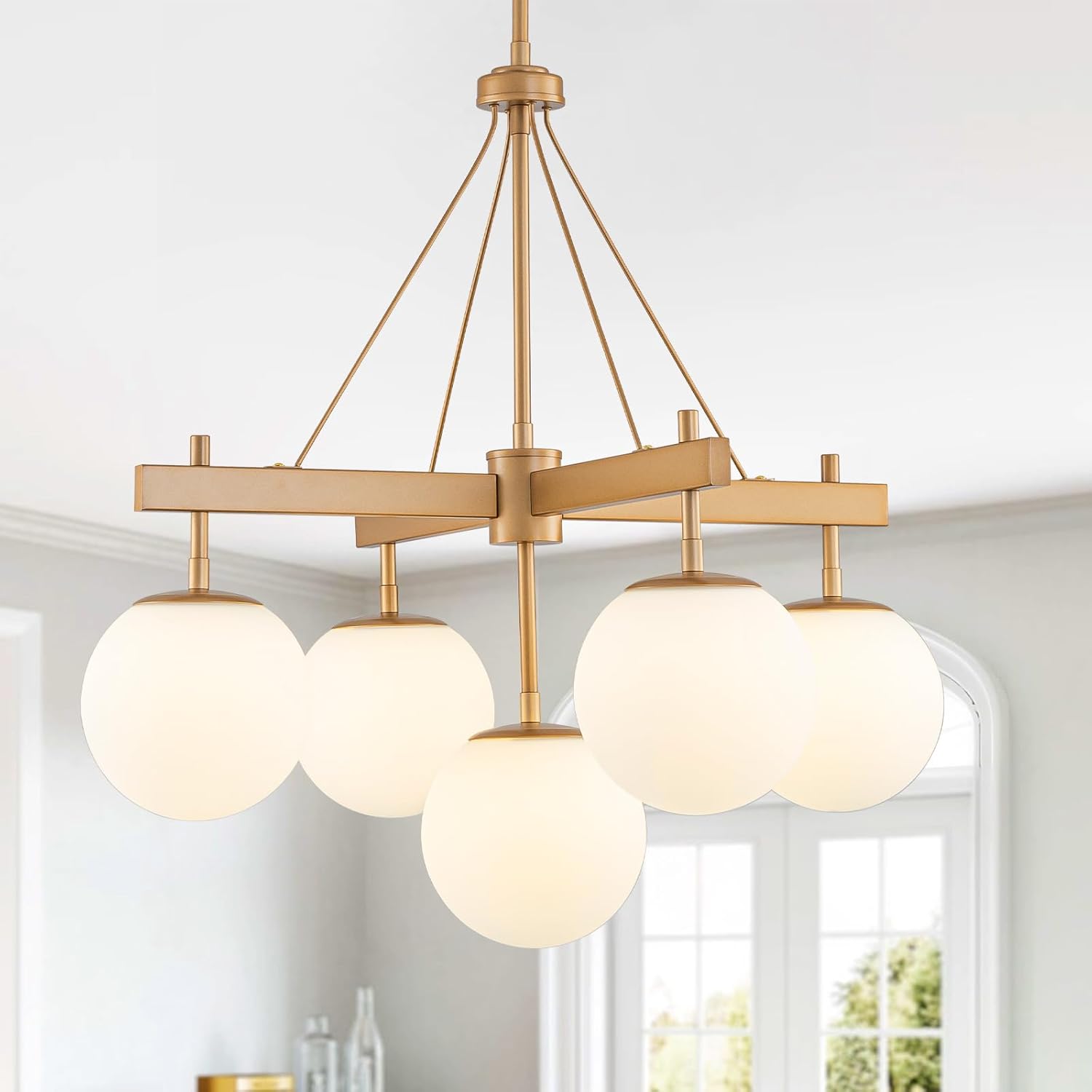 Modern Gold Chandeliers, 5-Light Mid Century Chandelier with Milk White Glass Globe Ceiling Large Light Fixture for Dining Room Living Room Foyer, G9