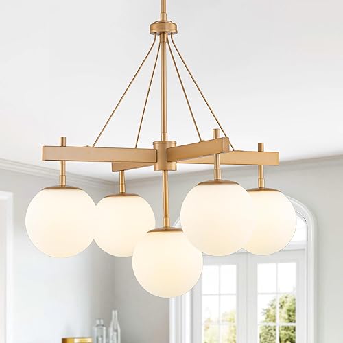 Modern Gold Chandelier, 5-Light Milk White Glass Globe Chandeliers Mid Century Ceiling Large Light Fixture for Dining Room Living Room,G9