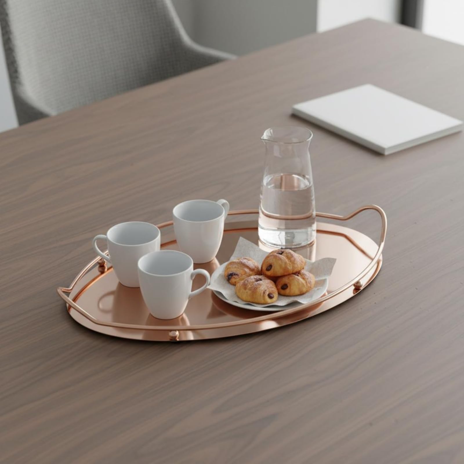 Bandeja de Acero Inoxidable Resistente con Diseño Moderno Doble Agarradera Superficie Pulida y Marco Ornamental Apta para Aperitivos Accesorios, Oro, Grande 44 27 6 Cm