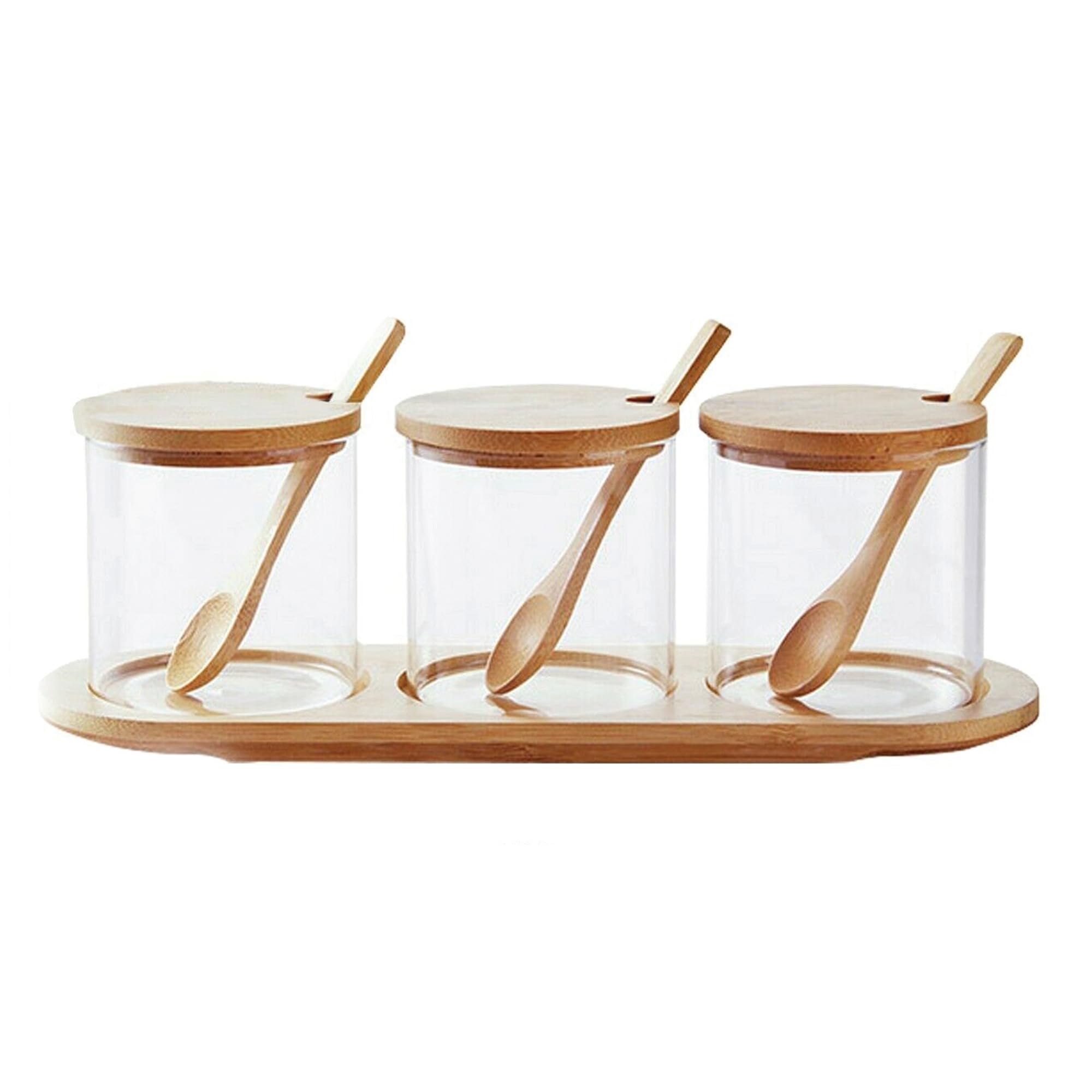Set of 3 Glass Storage Jars with Bamboo Lids and Spoons with Tray Airtight Kitchen Storage Containers for Sugar Coffee Tea Spice Honey Condiments Snacks Clear Glass Pots Modern Countertop Organiser
