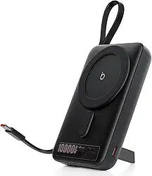 Basike Carregador Portatil, Power Bank Indução 10000mAh com Suporte Integrado, Ultrafino e Portátil, Carregamento Rápido Sem Fio + Cabo Tipo C 22.5W(MAX) Compatível com MagSafe (Preto)
