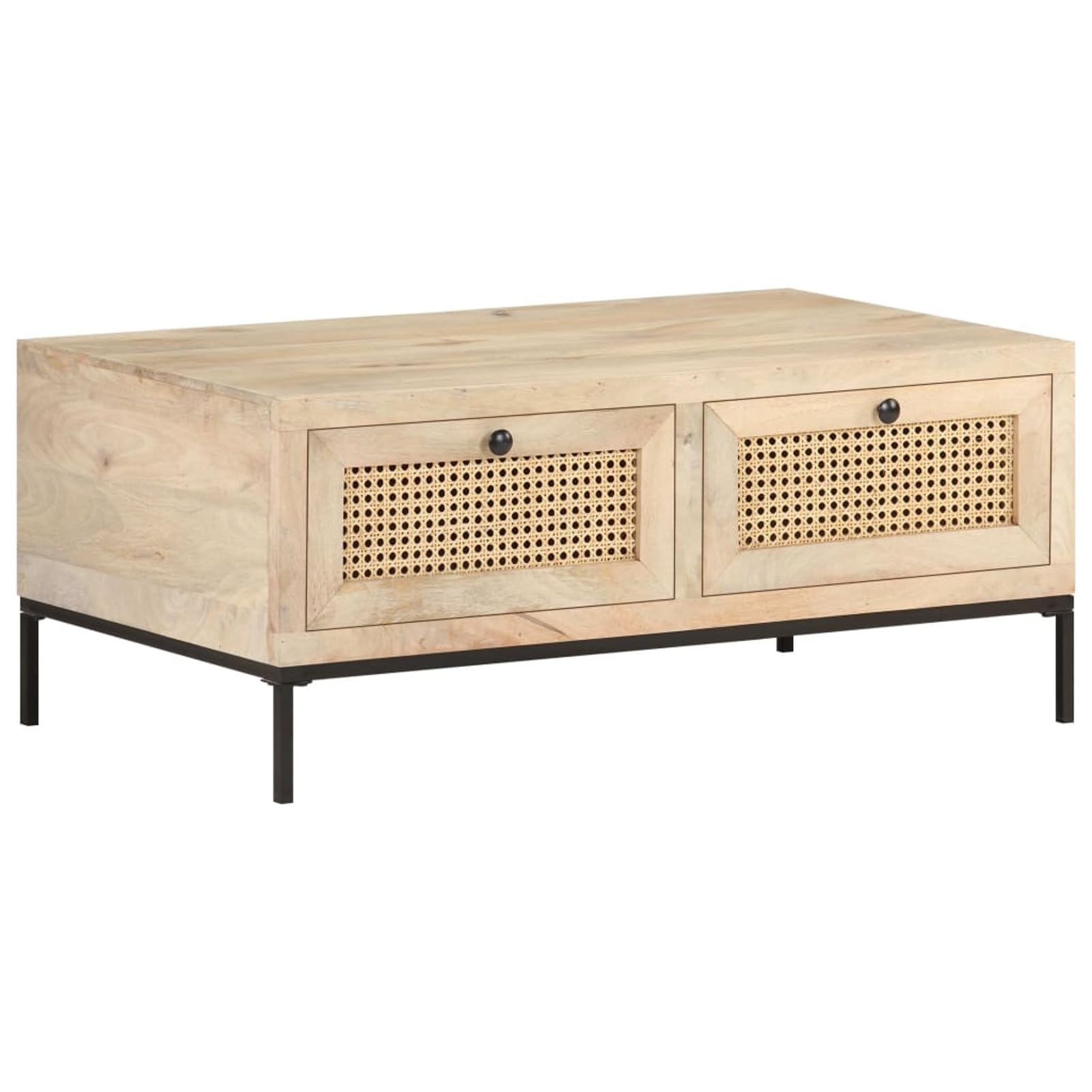 Homgoday Table basse 90 x 50 x 37 cm en bois de manguier massif et canne naturelle, table d'appoint pour salon, salle de réception d'invités, chambre à coucher et mobilier de bureau