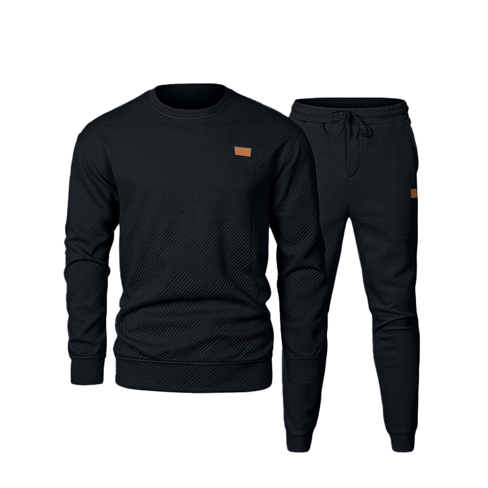 Conjunto de chándal de ajuste holgado para hombre, conjunto completo de dos piezas, color liso, cuello redondo, sudadera casual y pantalones deportivos con bolsillos para uso diario casual y