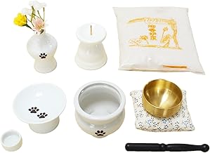 Pet Buddhist Tools Set, 5 Pieces, Paw Included, 5 Paws, White, 2 Size, Includes Orin, Mini Bouquet, Artificial Flowers, Mini Buddhist Goods, Pet Loss, Pet Service, Artisan Handmade