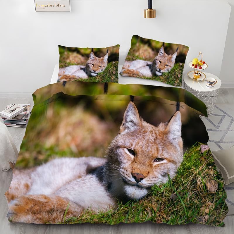 Dark Brown Small Animals Duvet Cover Queen Lynx Print Bedding Sets Queen Soft Microfiber Comforter Cover and 2 Pillow Shams 20"X26", Bed Set Duvet