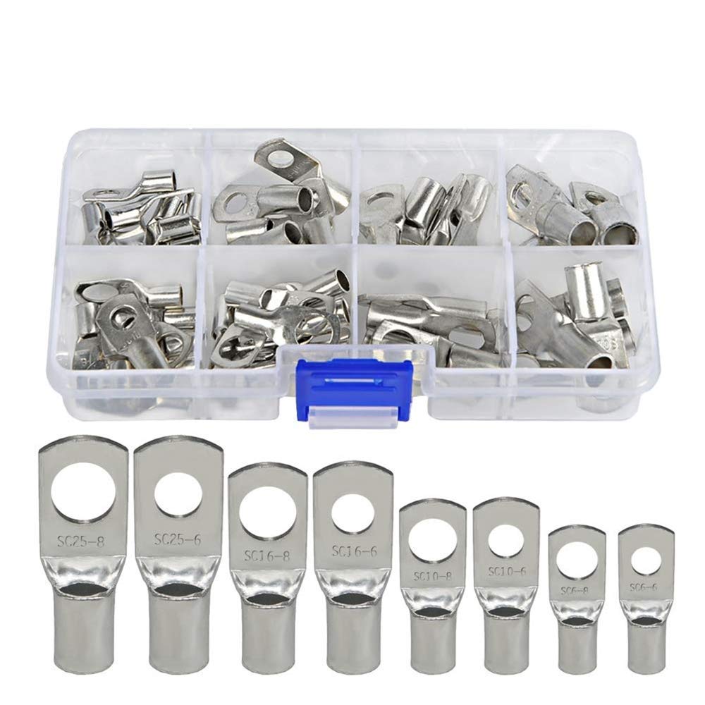 PONFY 60PCS Heavy Duty Tinned Copper Wire Lugs Battery Cable Ends Eyelets SC Ring Terminal Connectors Kit 8 Sizes