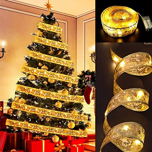 Exslend Glänzende Band Lichterkette, 5m Weihnachtsband Lichterkette, 50 LED Batteriebetrieben Weihnachtsbaum Band Schleifen Lichter, LED Weihnachtsbeleuchtung für Party,Weihnachtsbaum Deko