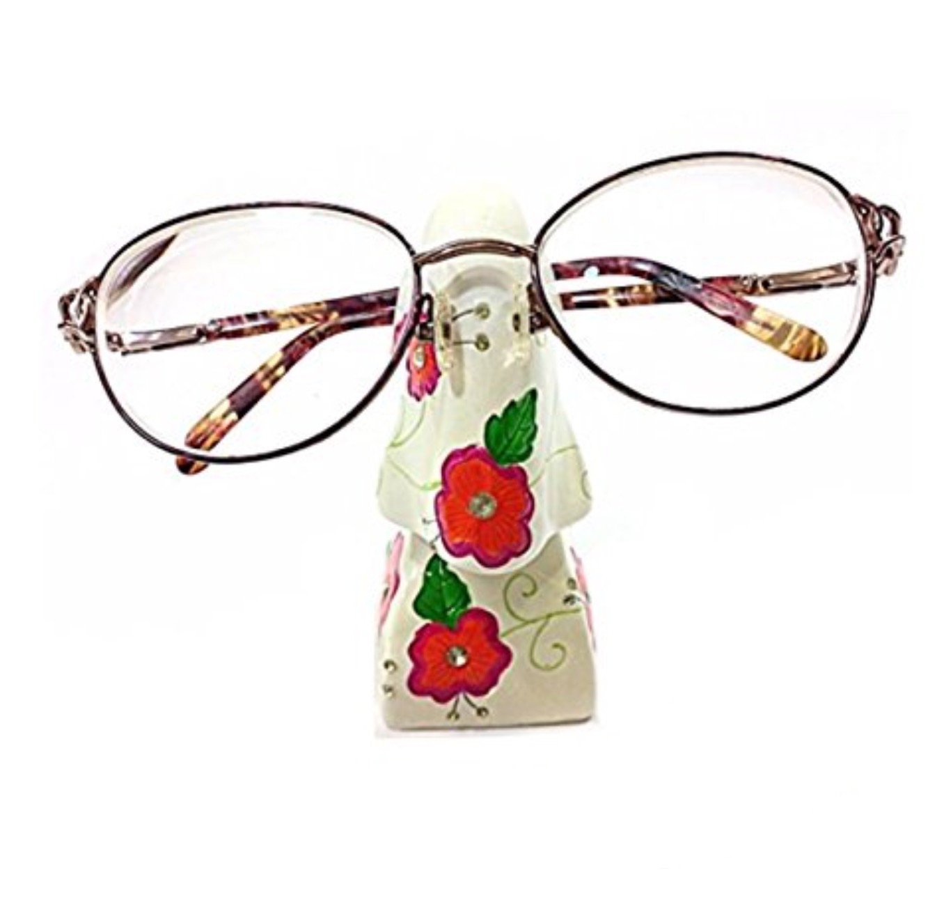 Cream Floral Bling Nose Novelty Eyeglass Holder Stand With Rhinestones (LCK)