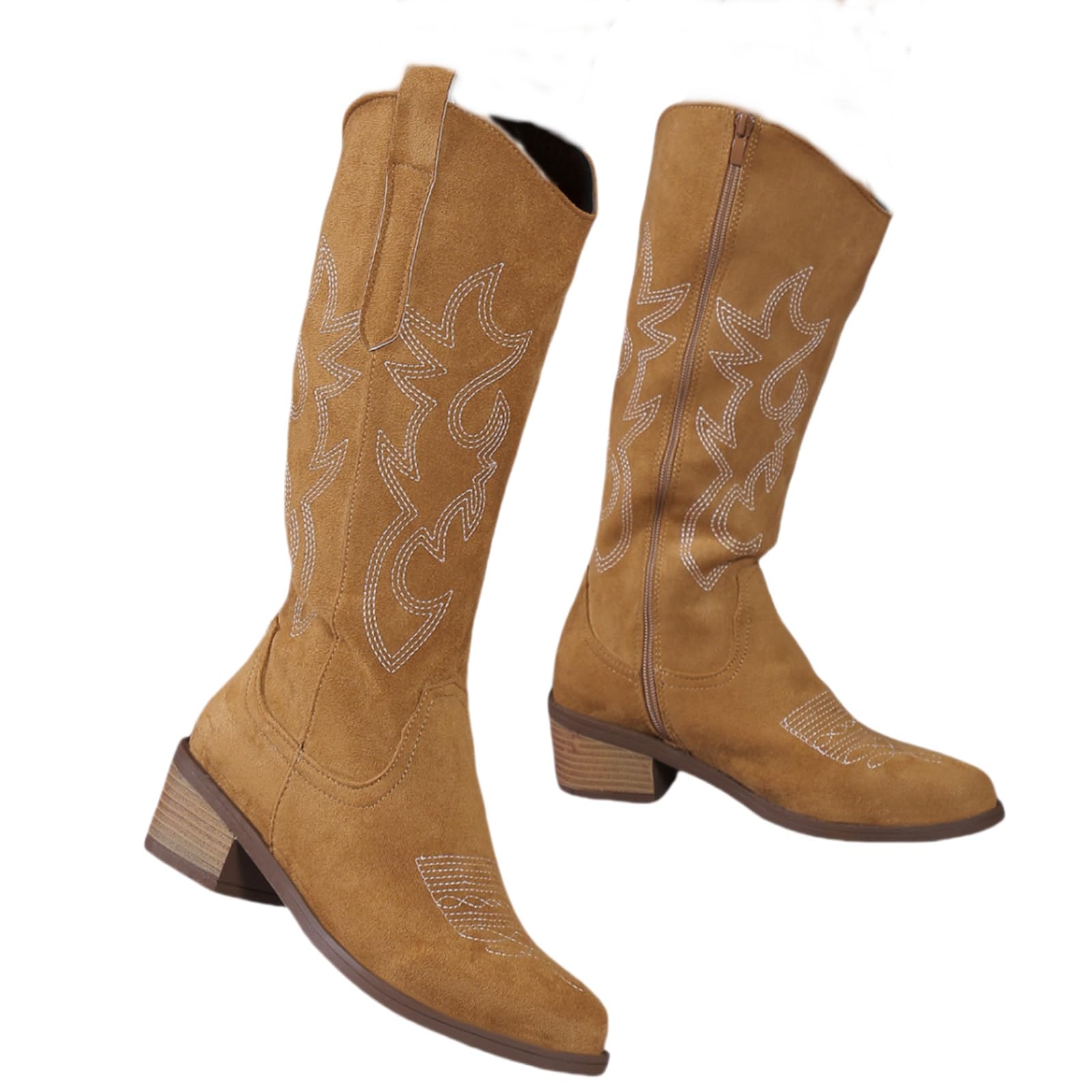 Cowboy Boots For Women Mid Calf Cowgirl Boots with Embroidery Chunky Low Heel Shoes Pointed Toe Short Booties
