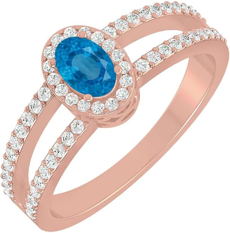 Natural Swiss Blue Topaz Ring for Women | 14K Gold or 925 Sterling Silver | Oval Blue Gemstone Halo Ring with Lab-Grown Diamonds | Split Shank Engagement, Promise or Anniversary Ring | Fine Jewelry Gift