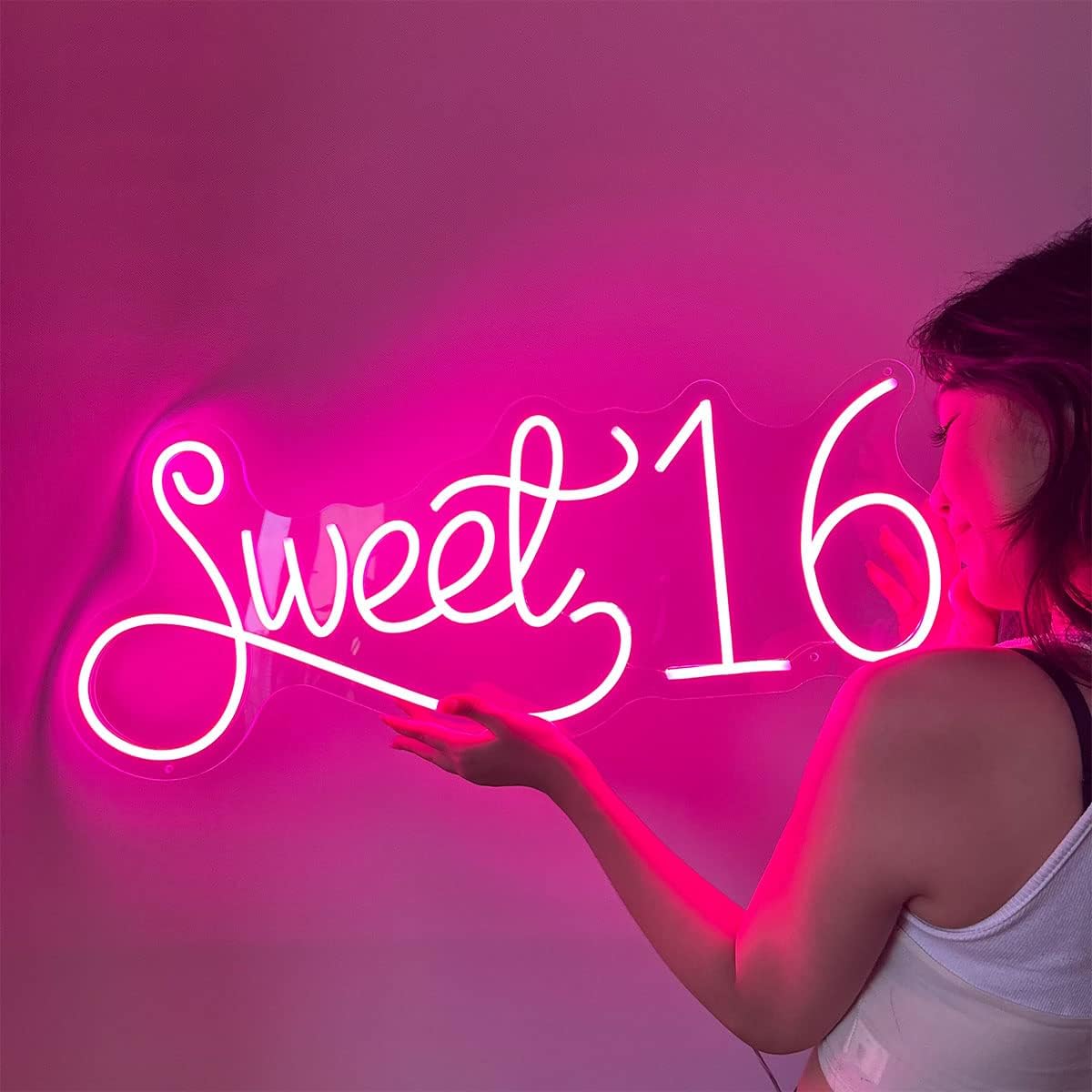 HDJSIGN Sweet 16 Neon Sign Pink Neon Signs for Wall Decor Sweet 16 Decoration Bedroom Decor LED Neon Light Birthday Party Sign Decoration Happy Birthday Pink Light Signs Birthday Gifts for Women 20x8