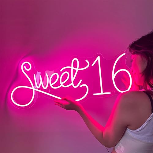 HDJSIGN Letrero de neón con texto en inglés "Sweet 16", color rosa, para decoración de pared, decoración de dormitorio, luz de neón LED, para fiesta