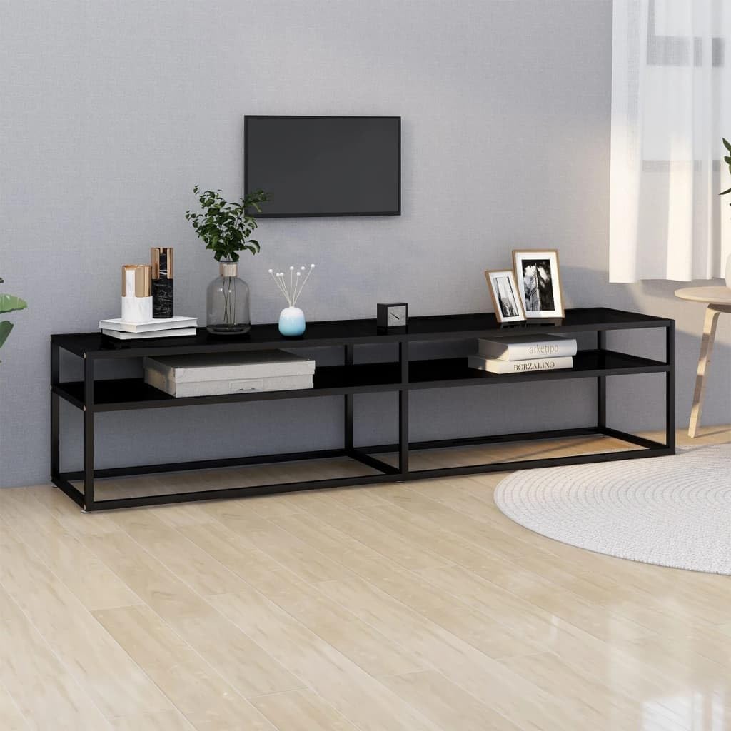 Szafka TV czarna 180 x 40 x 40,5 cm, szkło hartowane, stal malowana proszkowo, nowoczesne centrum rozrywki do salonu, stabilna konsola TV z półką