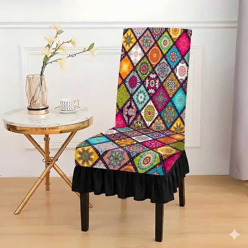 Dining Chair Cover with Ruffle Skirt Stretch Slipcover for Dining Room (Pack of 4) CV10_Frill Lycra_Rangoli-image-34