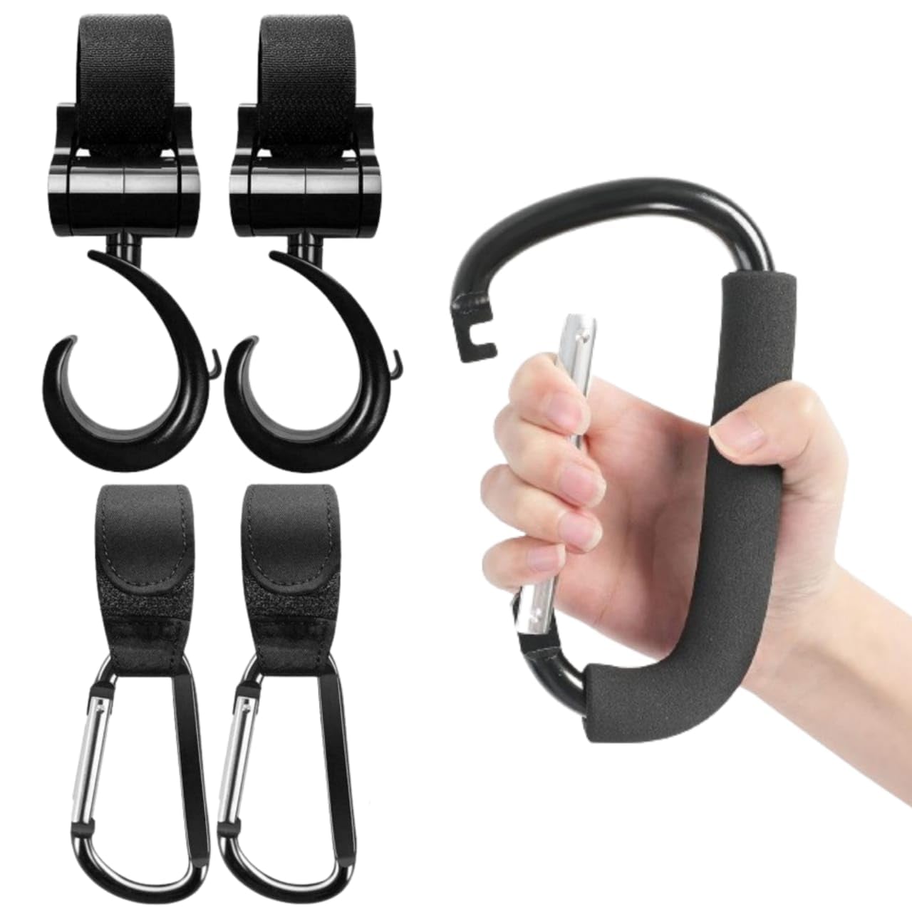 5 pcs Hooks for Hanging Diaper Bags, Baby Stroller Hooks with Big Bag Carrier Clip, Mommy Bag and Convenient Stroller Accessories Organizer Hook Clips, Strollers Pushchair Buggy Black