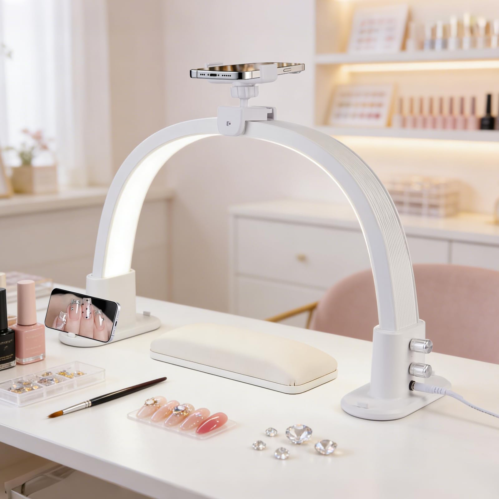 Yokilly Half Moon Light for Nail Desk: 18.5" Arch Manicure Table Moon Lamp with Phone Holder - 3 Color Modes & 10 Brightness Nail Light for Desk - Nail Lamp for Salon (Small Half Moon Light - White)