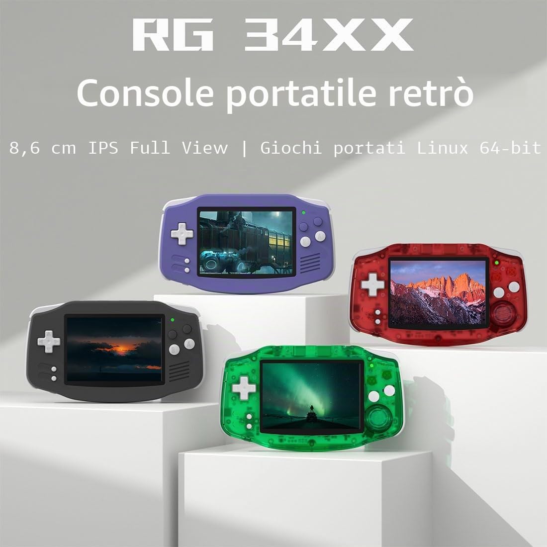 Console di gioco portatile ANBERNIC RG 34XX, 64G integrato con oltre 5000 giochi, schermo IPS da 3,4 pollici 3500mAh, supporto console retrò Wi-Fi Multiplayer e uscita TV HD
