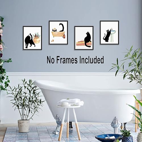 Miniatura 5 de LHIUEM Decoración de baño de gato negro, divertido juego de 4 arte de pared de baño (8 x 10 pulgadas, sin marco) imágenes modernas de gatitos,