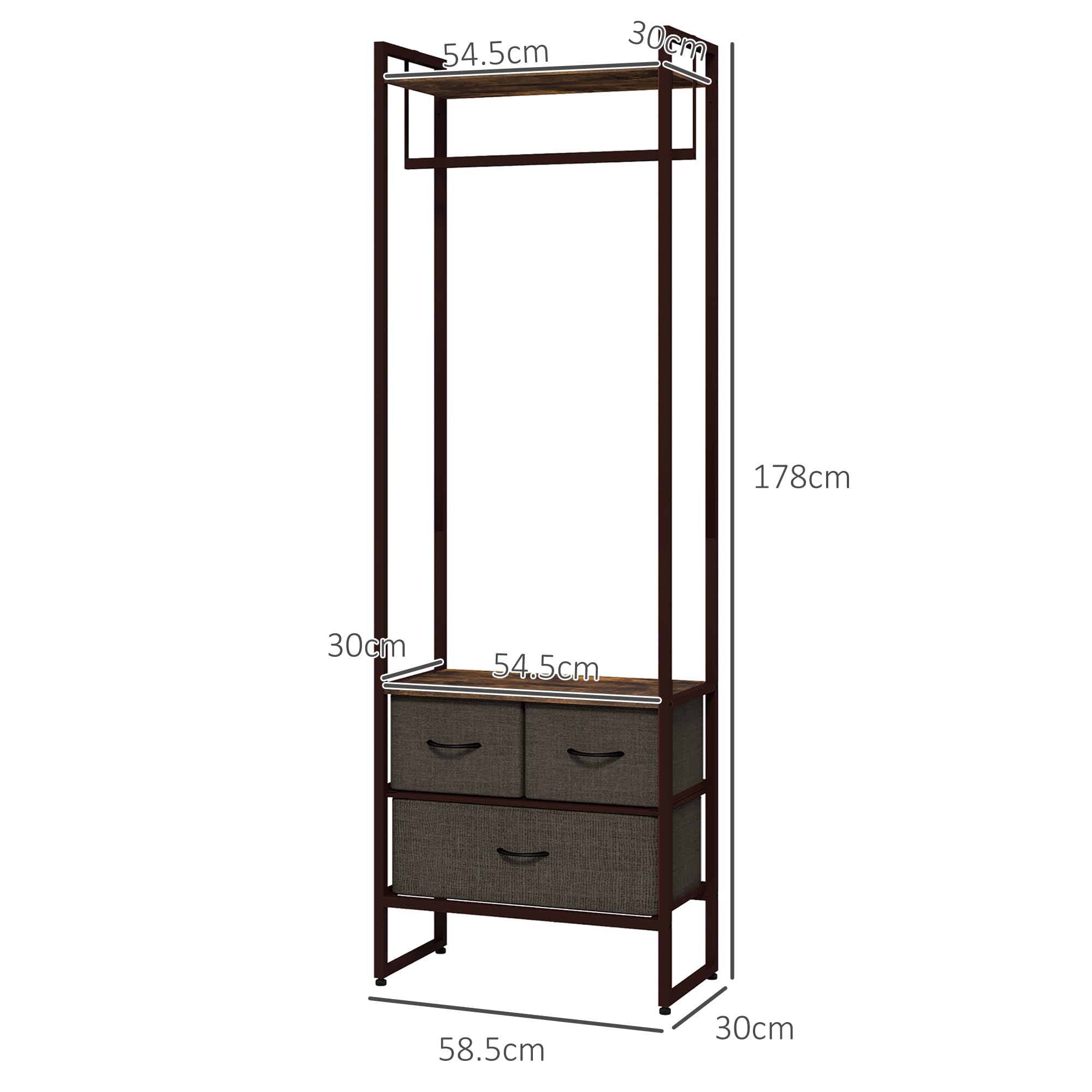 HOMCOM Appendiabiti da Terra con Asta, 3 Cassetti, 58.5x30x178 cm, Marrone