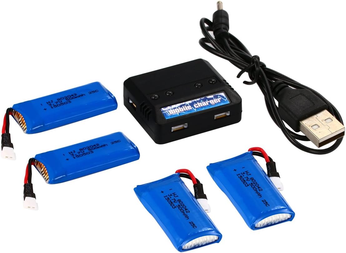 YUNIQUE UK 4 pcs 3.7V 500mAh Battery +1pc Charger for Hubsan X4 H107L H107C H107D H107 V252 JXD 385 RC Quadcopter