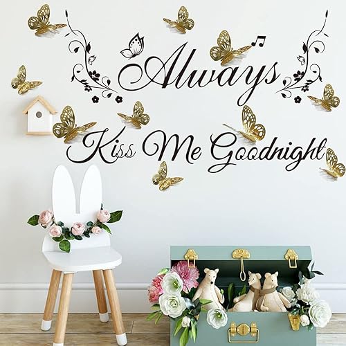Miniatura 3 de Runtoo Calcomanía de pared con texto en inglés "Always Kiss Me Goodnight" (Always Kiss Me Goodnight), calcomanías de pared con diseño de mariposa