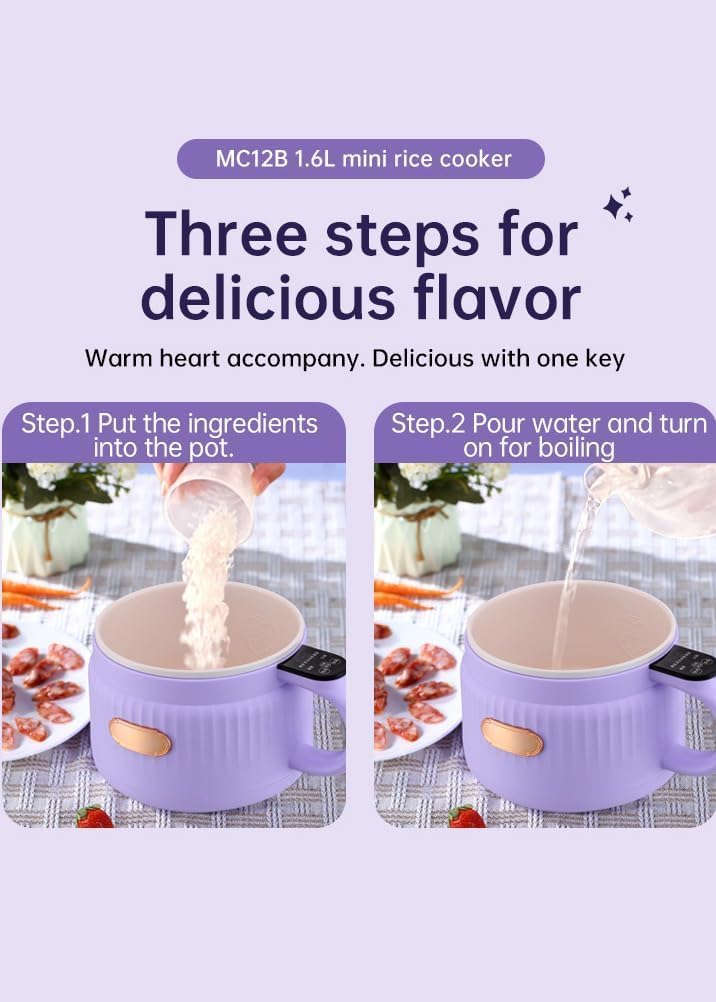 Electric Hot Pot, 1.6L Ramen Cooker, Multi-Function Electric Hot Pot, Portable Sauté Pan with Over-Heating Protection, Boil Dry Protection, for Pasta, Noodles, Steak, Egg Purple