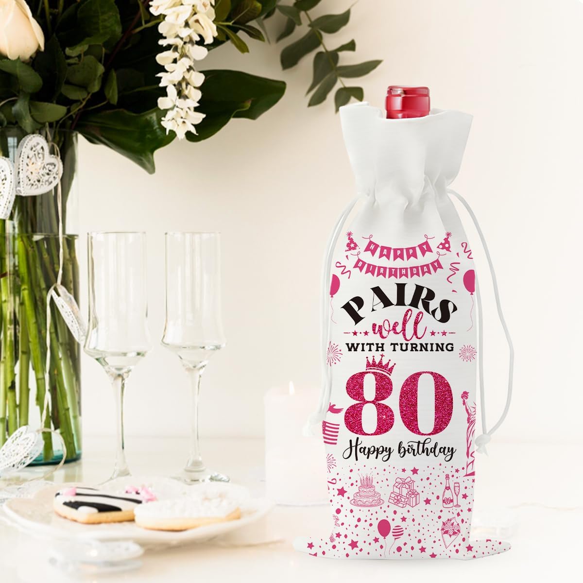 80th Birthday Gifts for Women, 80 Year old Birthday Gifts for Women Men Wine Bag, 80th Birthday Party Decor Gifts Wine Bags for Mom Sister Wife Friend Her Pink kitchen - Image 4