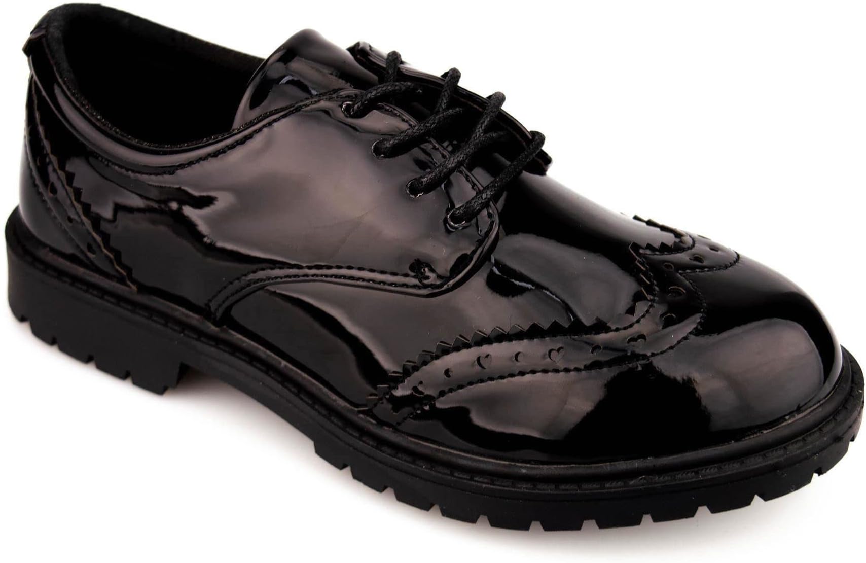 Girls Kids Hi Shine Patent Brogue Lace School Smart Casual Formal Shoes Size