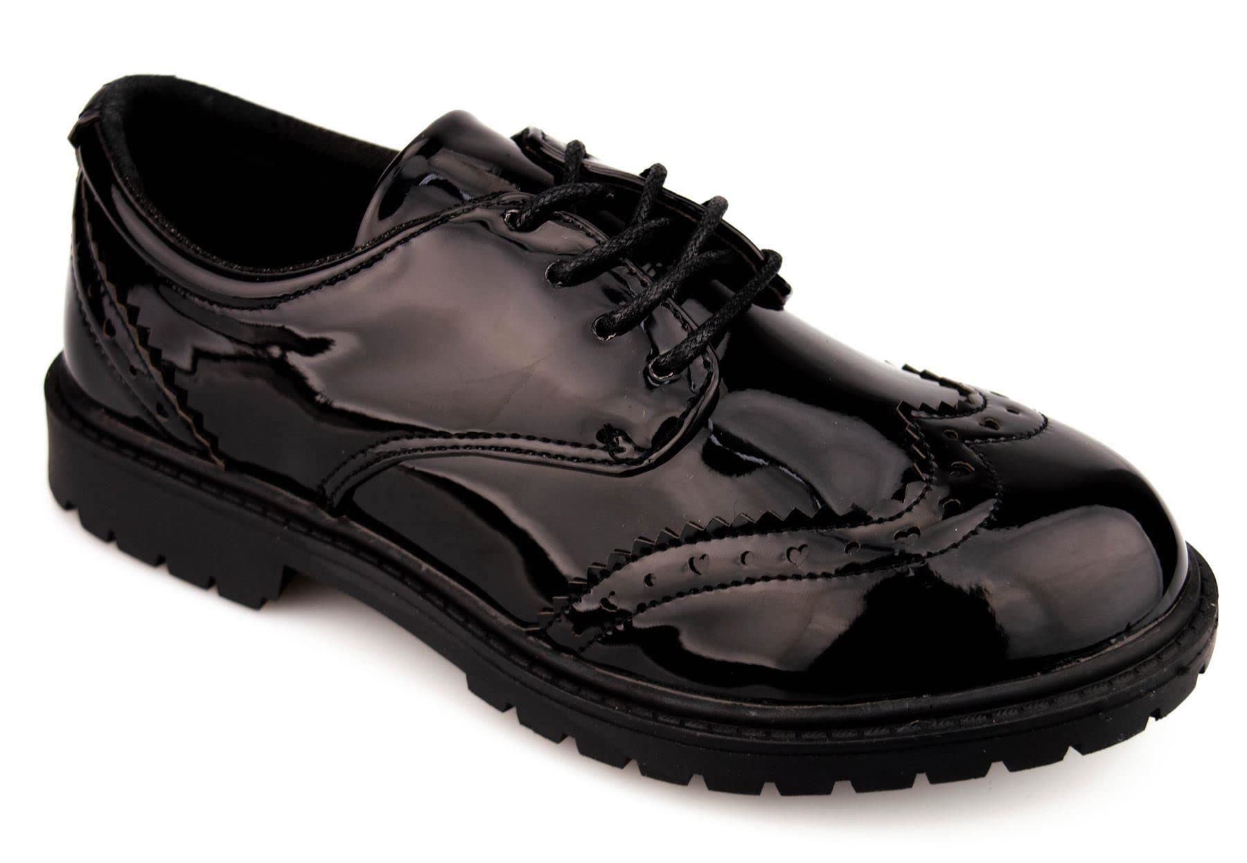 Girls Kids Hi Shine Patent Brogue Lace School Smart Casual Formal Shoes Size