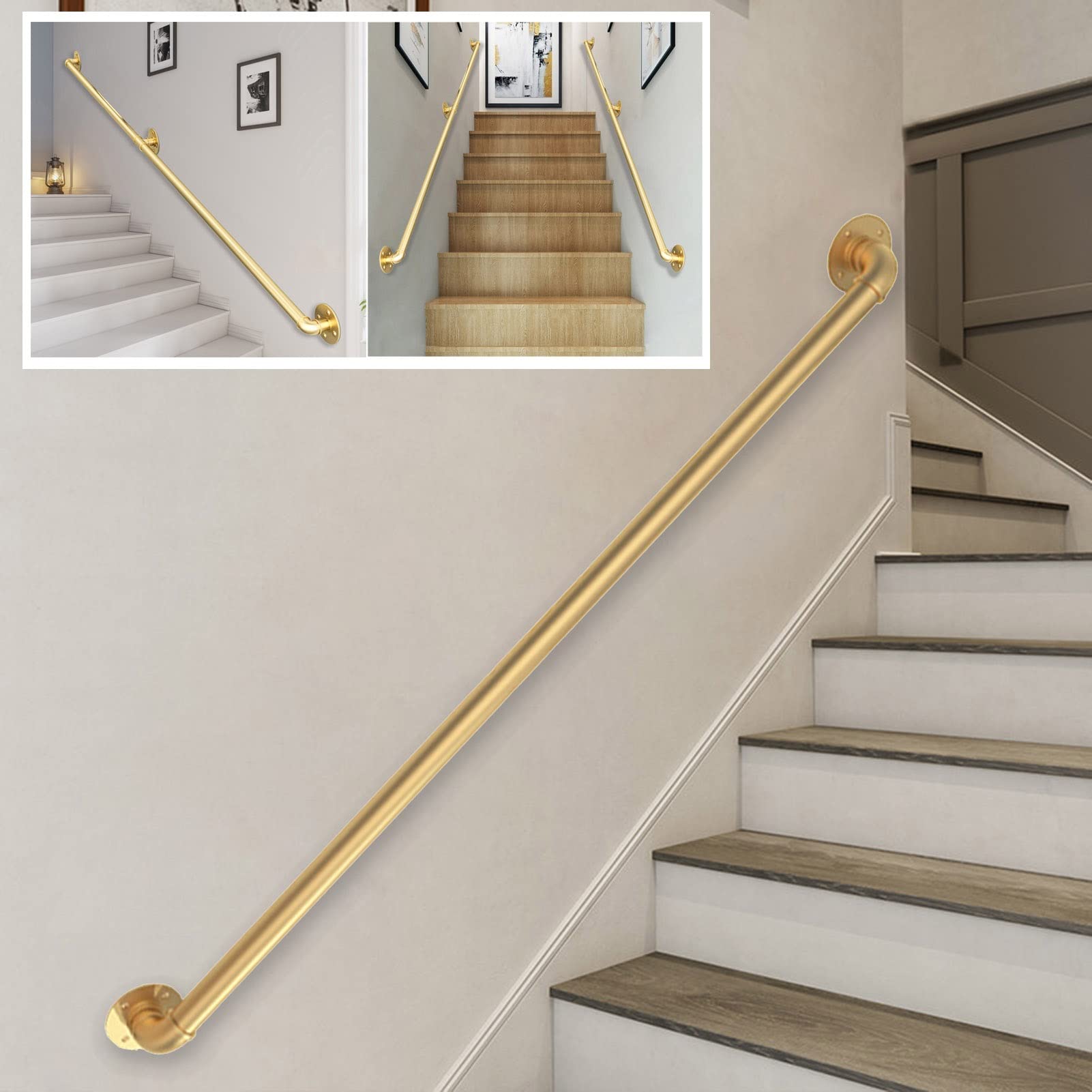 Advap Gold Cl-Zzz Modern Stairs Handrail Brackets Kit, Banister Railing Rail Support Kit, Metal Wrought Iron Indoor And Outdoor Loft Corridor Porch Deck Guardrail Handrail (Size : 8.2Ft/250Cm)