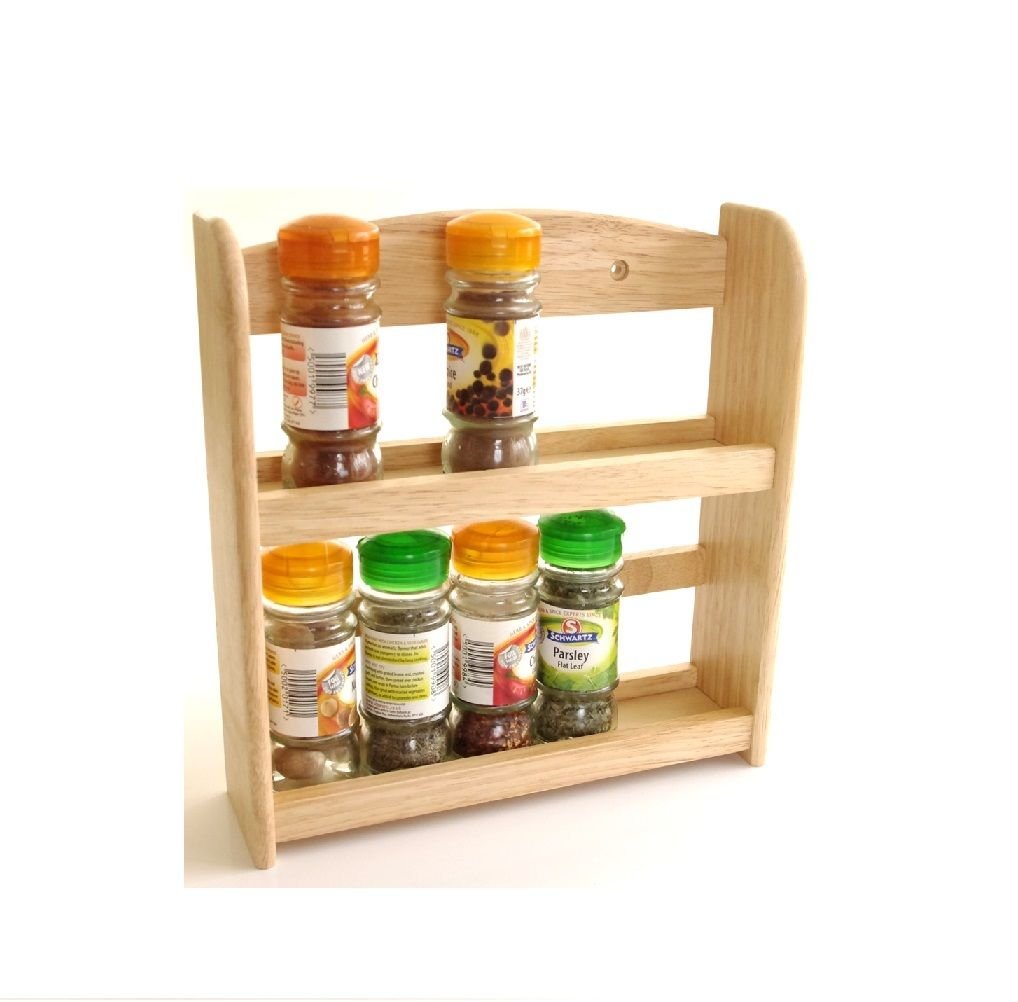 ENEM New 2 Tier Pine Natural Wood Wall Mounted Free Standing Wood Wooden Spice Herb Storage Rack Jar Stand Holder
