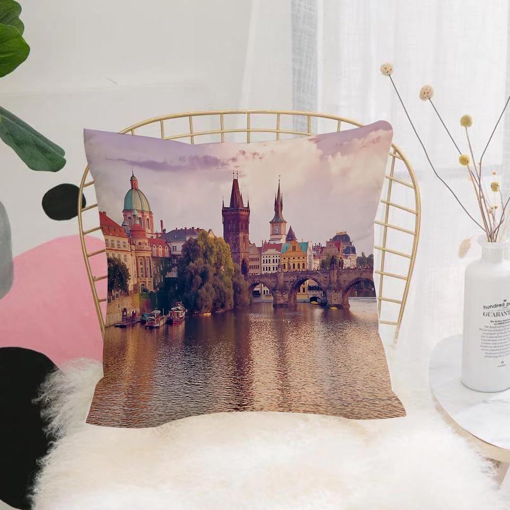 HYOSXW Cushion Cover,Throw Pillow Case Home Decorative for Living Room Bedroom Sofa Chair 16X16 Inch,Prague, old town, Karlovy Vary Bridge, minaret, riverside,Pillowcase 40X40cm