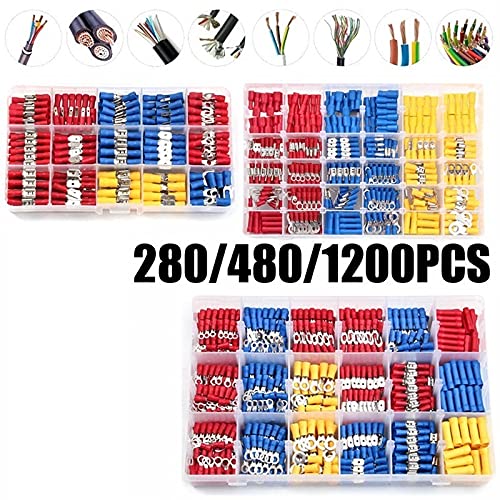 Terminales De Cobre,Terminales De Alambre 280/480/1200 PCS Conector de cable aislado Conector eléctrico Crimp Spade Spade Butt Anillo de horquilla Libres de anillo Lugs Rodado Terminales Kit ( Color :