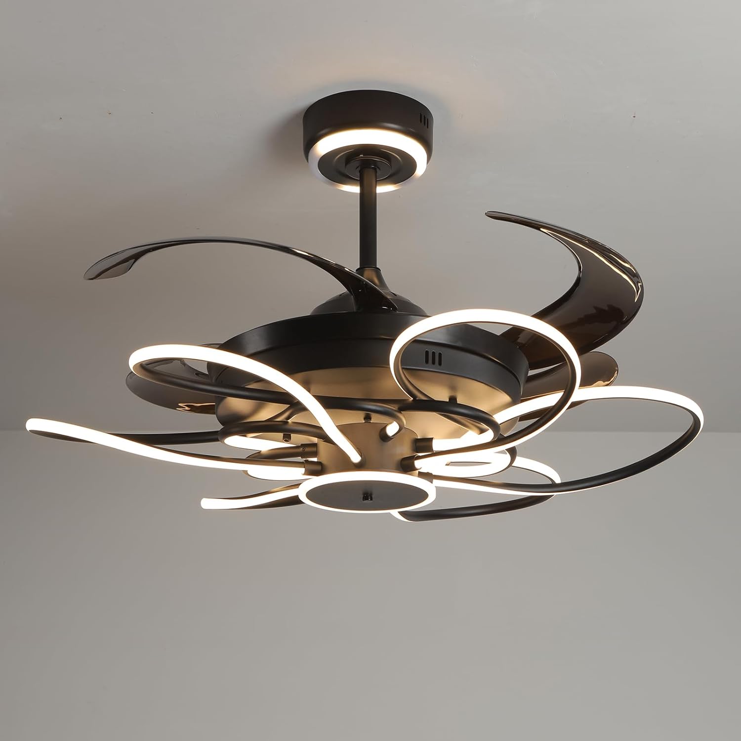 48 Inch Chandelier Ceiling Fans with Lights and Remote, Retractable Fandelier Ceiling Fan for Bedroom Indoor Decoration, 3 Color Changeable, Dimmable with App, Timer Setting (Black DCFS25005)