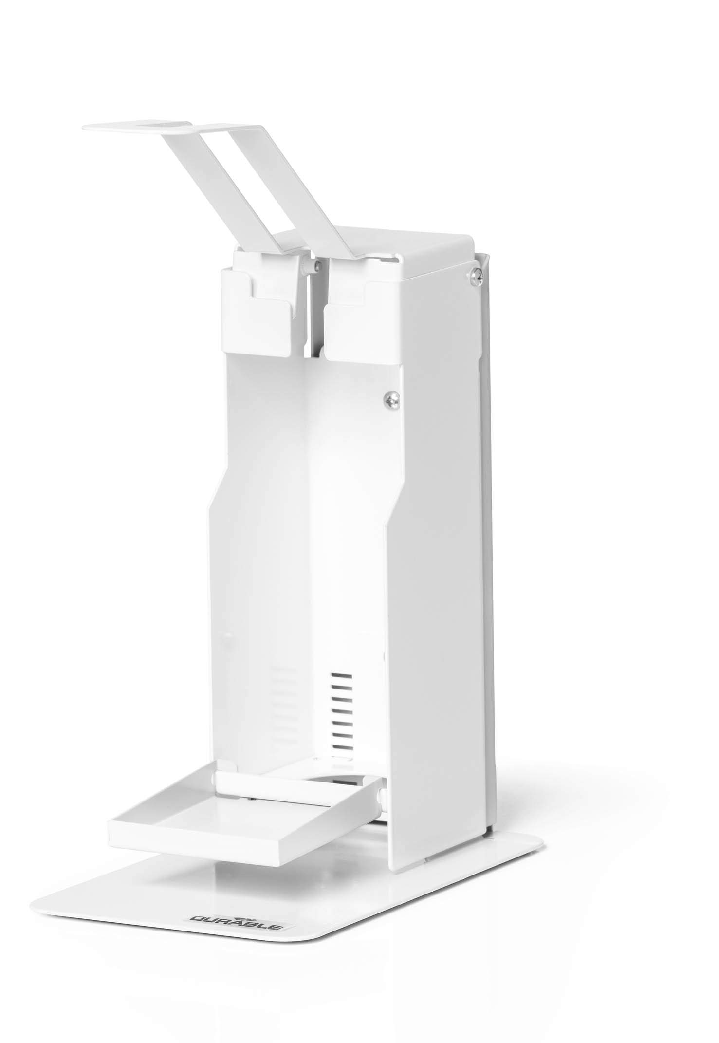 Durable Tisch-Desinfektionsspender mit Armhebel, für Desinfektionsmittel oder Seife, flexible Anpassung an Flaschengrößen bis 500 ml, weiß, 589602