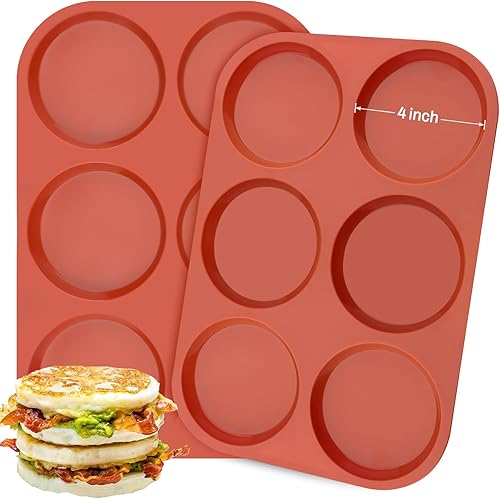 Ocmoiy Molde de silicona para huevos de 4 pulgadas para sándwiches de desayuno, paquete de 2 moldes antiadherentes de silicona jumbo para panecillos