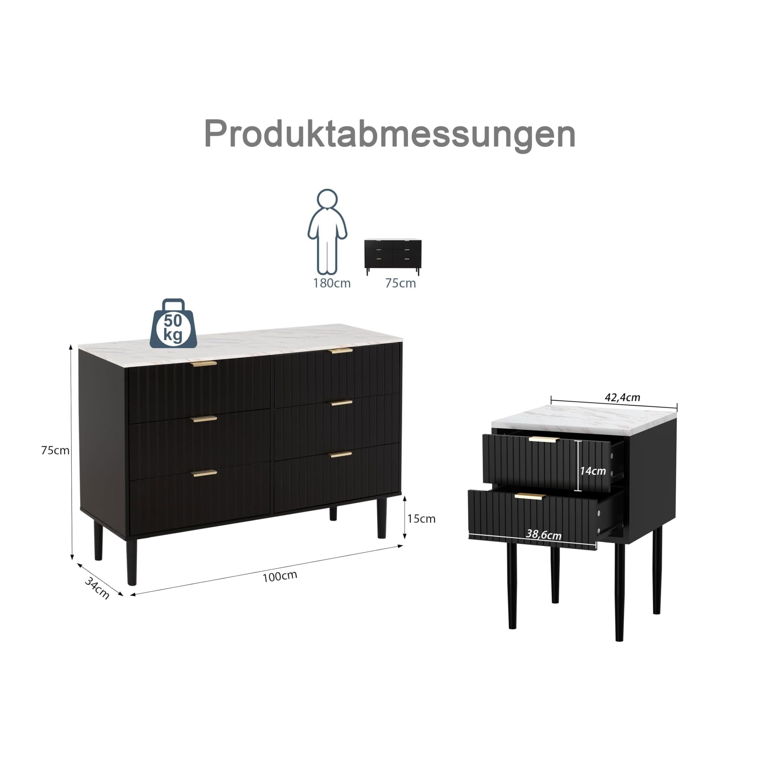 UEV 3er-Set Schlafzimmermöbel, Kommode mit 6 Schubladen und 2er-Set Nachttisch, Schlafzimmermöbel-Set in Marmor Optik, für Wohnzimmer, Schlafzimmer, skandinavisch, Schwarz