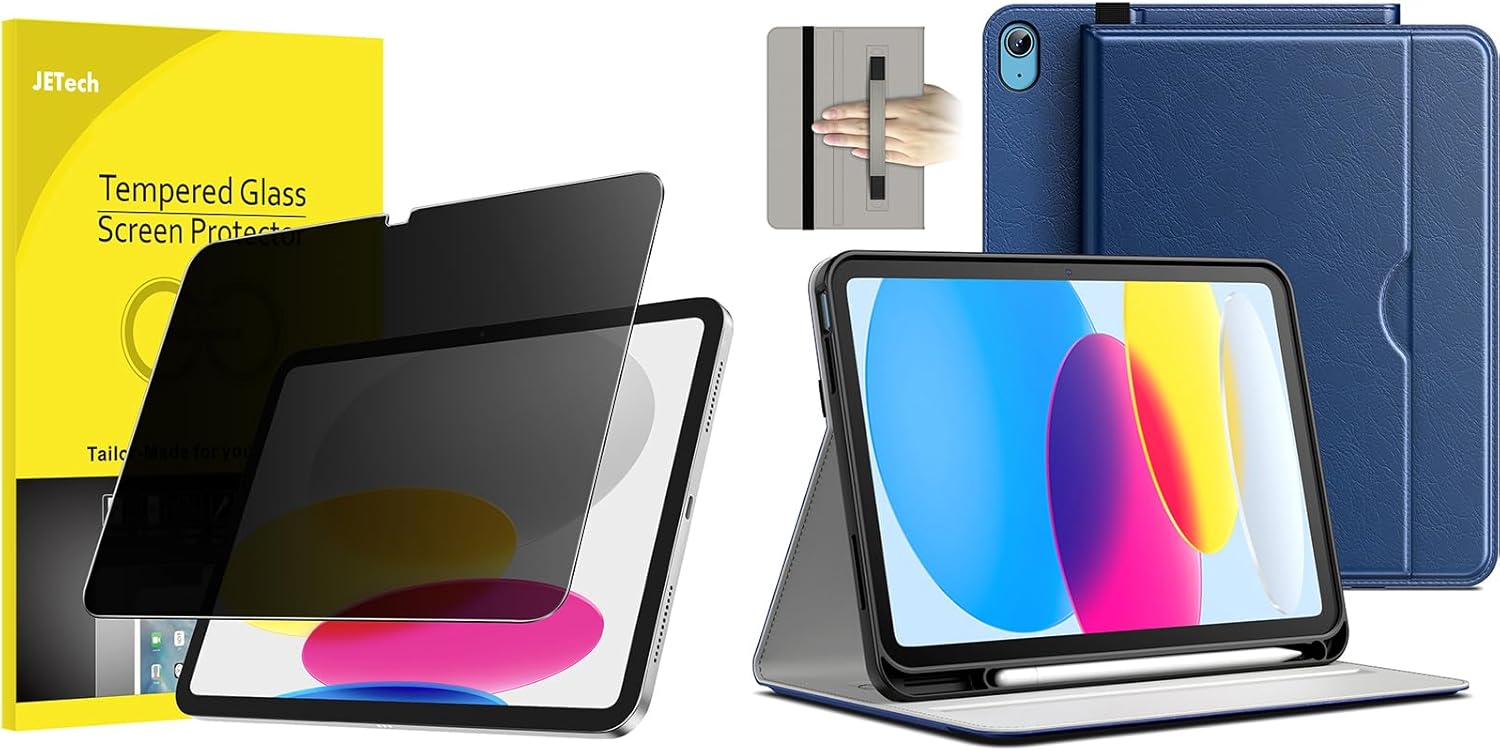 JETech for iPad (A16) 11th/10th Generation (2025/2022) Privacy Screen Protector and PU Leather Business Case Bundle