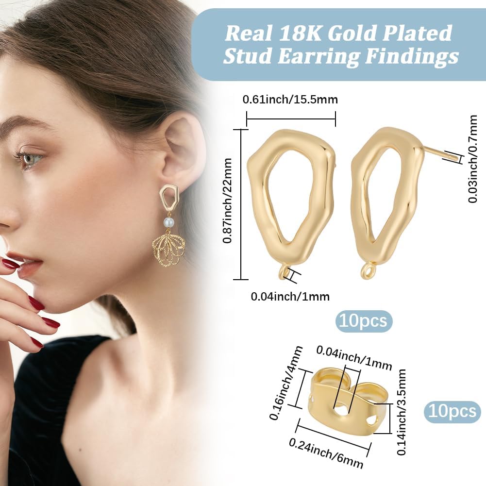 Beebeecraft 1 Box 10Pcs Stud Earring Findings 18K Gold Plated Brass Hollow Irregularly Shaped Triangles Earring Posts with 10Pcs Ear Back for Earring Jewelry Making