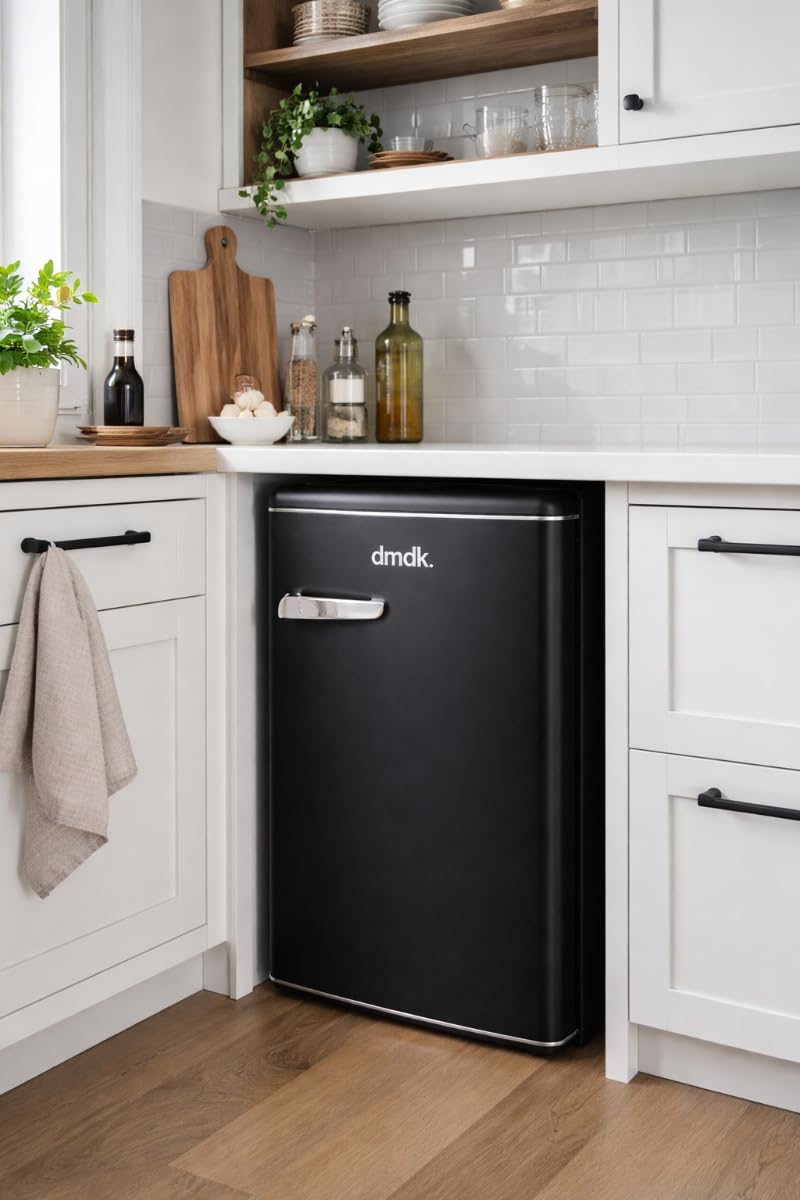 DMDK DKB1 Frigorífico Retro Independiente con Congelador, Negro Mate, 108 L, 89.5x55x61.5 cm, Bajo Consumo, 41 dB