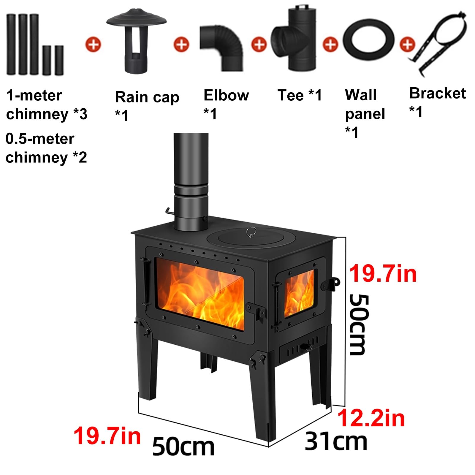 Stufa a Legna Economica Struttura in Acciaio Al Manganese Finestra di Osservazione Su Entrambi i Lati Stufa a Legna Piccola da Interno con Canna Fumaria Soggiorni e Terrazze(50 * 31 * 50cm,A)