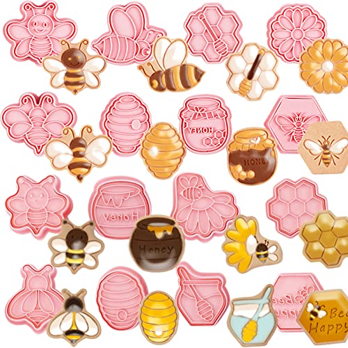16 Pieces Bee Cookie Cutters Embossing Mini Bee Honeycomb Flower Cookie Stamps Bee Flower Shapes 3D Plastic Cookie Cutters For Kids Fondant Cookie Baking Birthday Party Supplies #TOP29