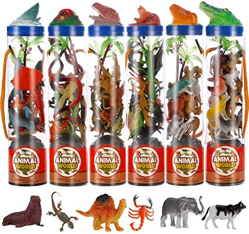 6 PACK: Small Animal Figures Toys in Tubes, 78 Pcs Assorted Plastic Tubes Set with Farm Zoo Safari Dinosaur Insect Reptile Ocean Creatures - Realistic Tiny Little Figurines for Sensory Bin