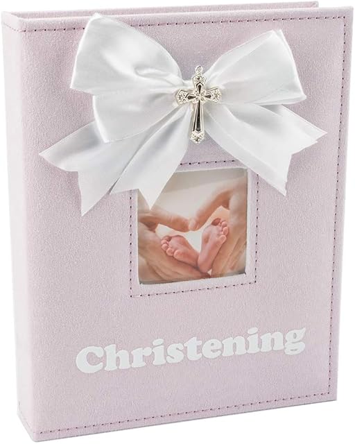 Happy Homewares White Faux-Silk Double Bow and Silver Plated Cross Christening Photo Album in Pink - Holds 60 6x4 Pictures - Gorgeous Christening Gift Idea for Baby Girl