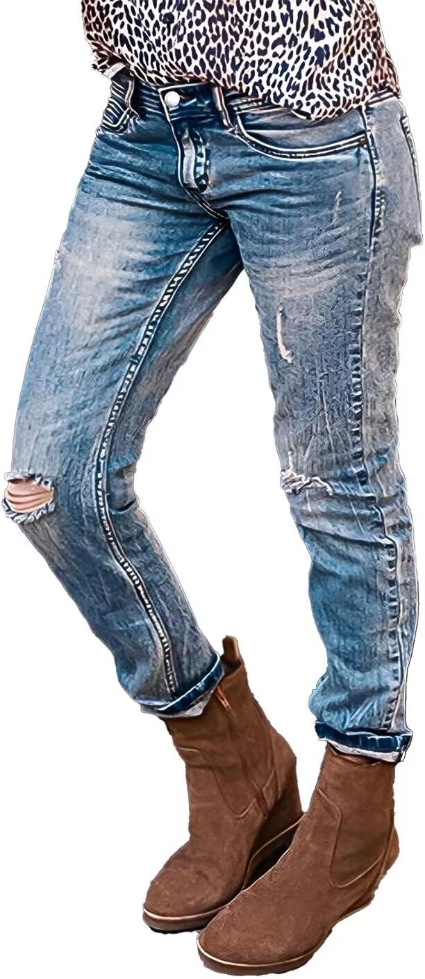 Flamingals Straight Leg Mid Waist Casual Roll Hem Denim Cropped Jeans Without Belt