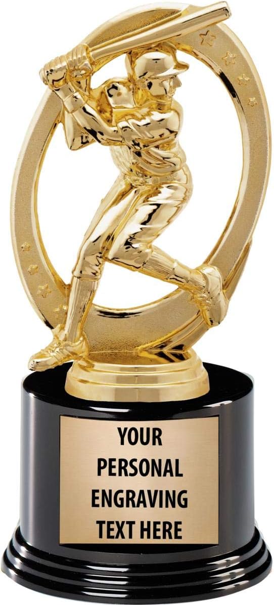 Baseball Champ Male Trophy with Engraving, 7" Gold Baseball Champ Male Trophy Award On Deluxe Round Base