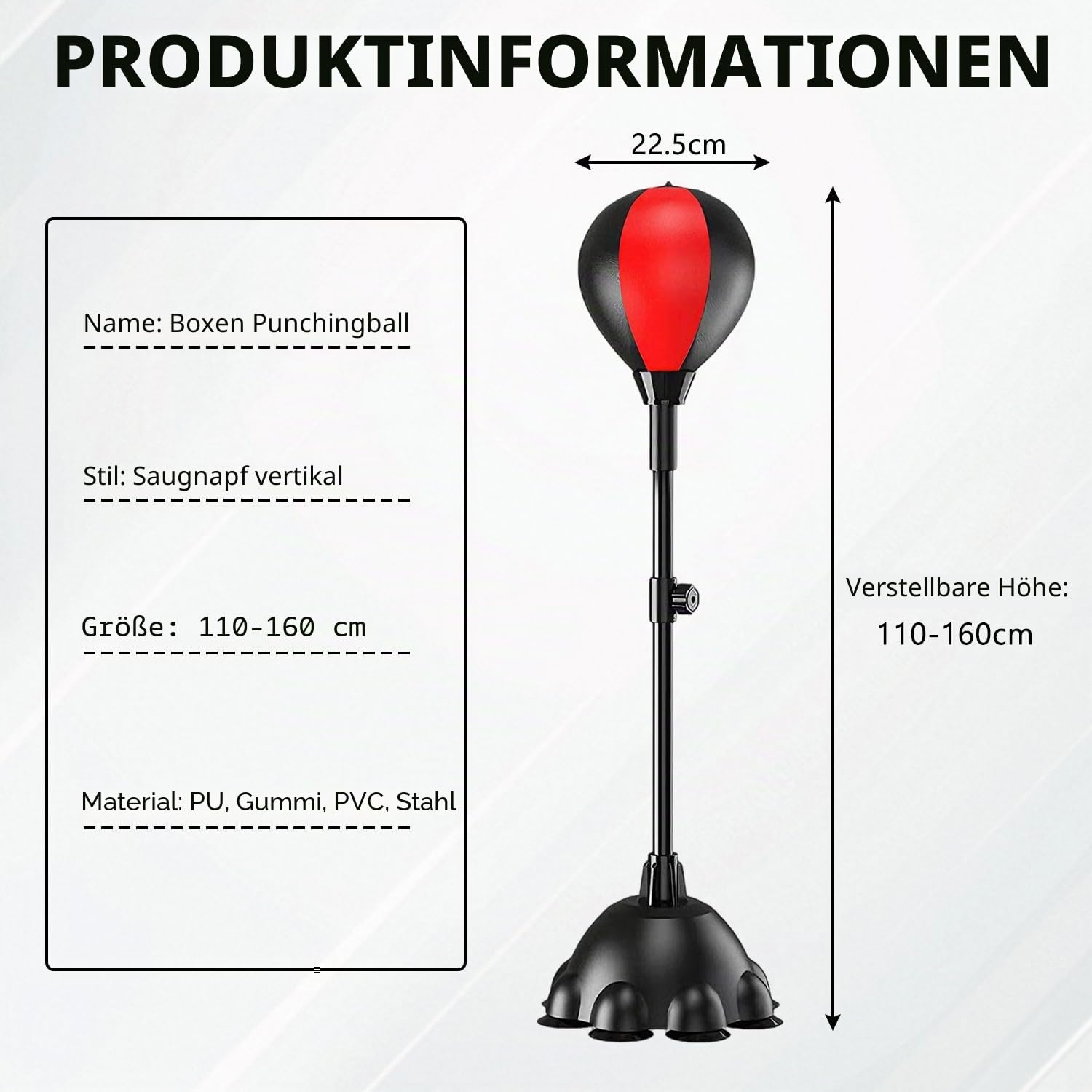 Punching Ball, 110-160cm Höhenverstellbarer Boxständer, Reflexbeutel mit Einem Leistungsstarken Saugnapf mit 8 Krallen, Standboxsack für Kinder Und Erwachsene Drinnen Draußen Fitness Stressabbau