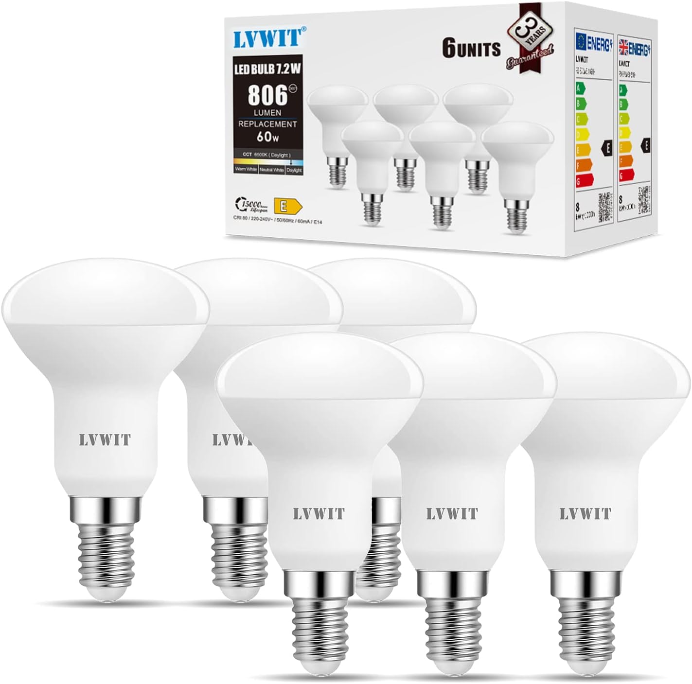 LVWIT Spotlight Bulbs, E14 led Bulb,7.2W E14 Led Light Bulb Cool White, R50 Led Light Bulbs Screw Fitting,R50 Reflector Bulb Small Screw,60W Incandescent, 806LM,6500K,Non-dimmable (Pack of 6)