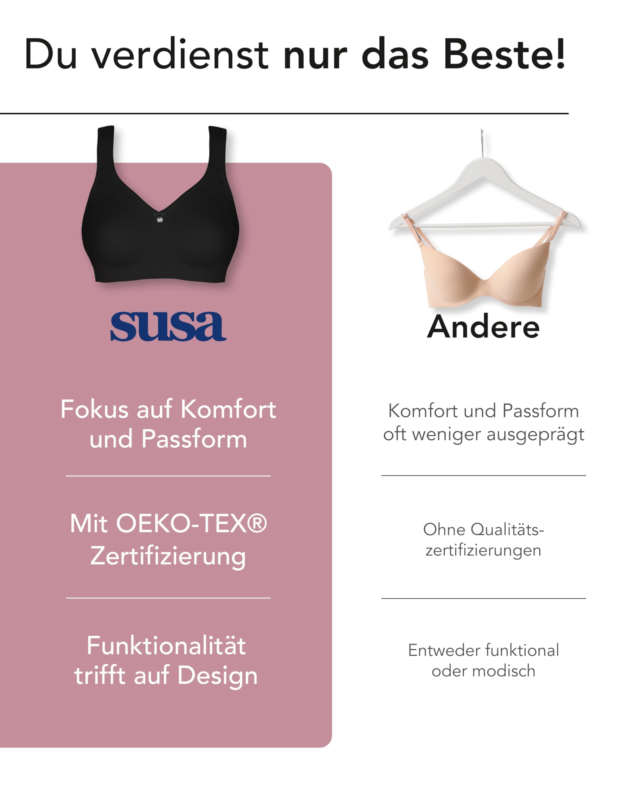 SUSA BH Damen ohne Bügel mit Soft-Touch-Unterbrustband - Capri 8107 - Gemoldete Cups mit Stützblenden & verstellbaren Träger - Glattes, leichtes Material - Bequemer T Shirt BH,